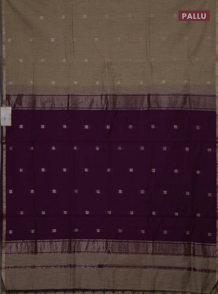 Semi maheswari cotton saree dark beige and purple with zari woven buttas and small zari woven border