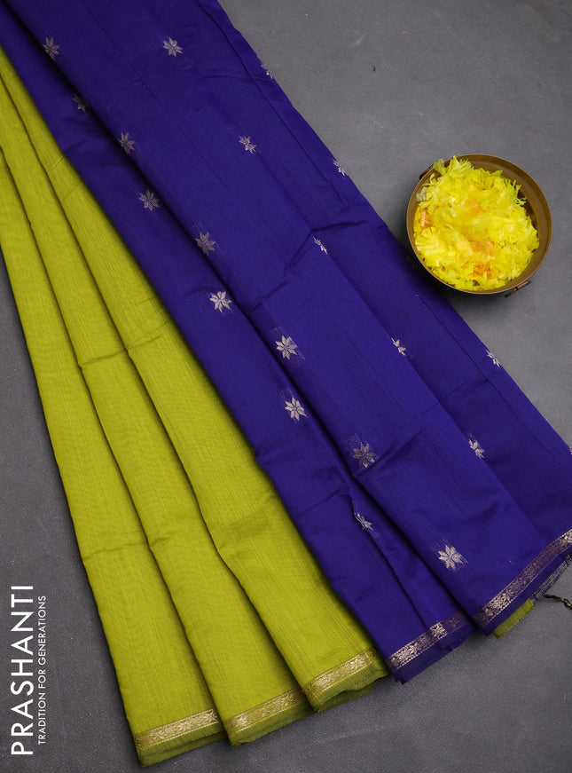 Semi maheswari cotton saree lime green and blue with zari woven buttas and small zari woven border