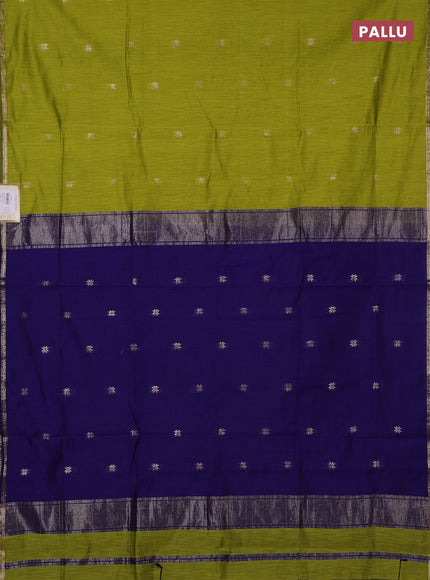 Semi maheswari cotton saree lime green and blue with zari woven buttas and small zari woven border