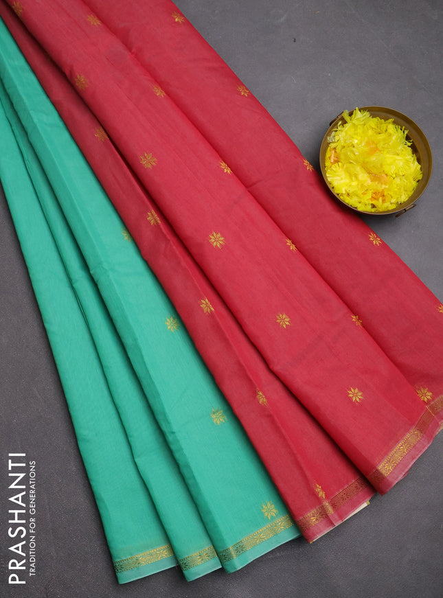 Semi maheswari cotton saree teal green and maroon shade with zari woven buttas and small zari woven border