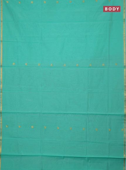 Semi maheswari cotton saree teal green and maroon shade with zari woven buttas and small zari woven border