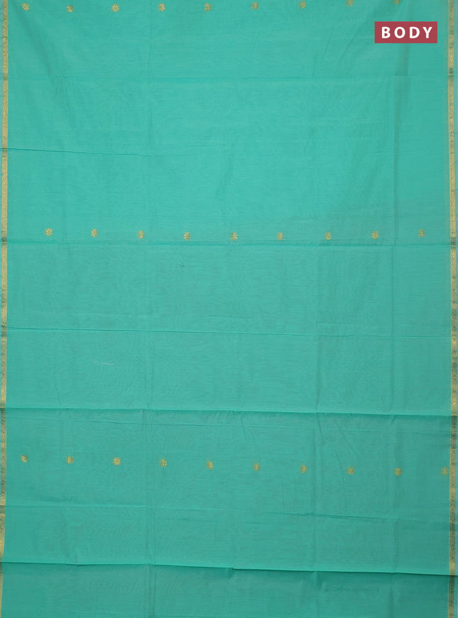 Semi maheswari cotton saree teal green and maroon shade with zari woven buttas and small zari woven border