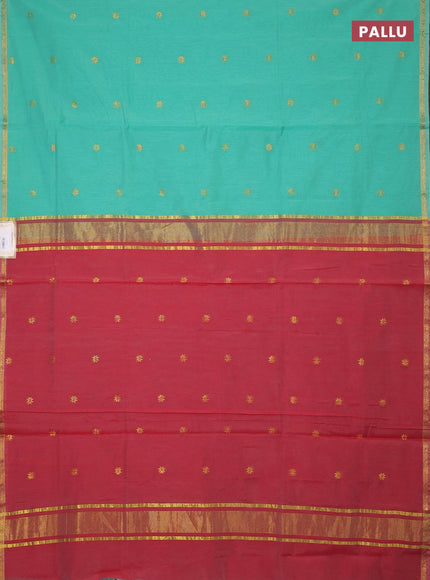 Semi maheswari cotton saree teal green and maroon shade with zari woven buttas and small zari woven border