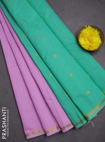 Semi maheswari cotton saree lavender and teal green with zari woven buttas and small zari woven border