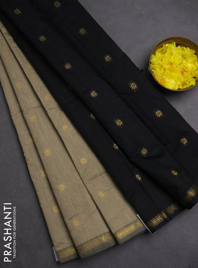 Semi maheswari cotton saree beige shade and black with zari woven buttas and small zari woven border
