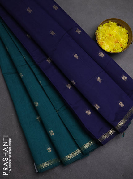 Semi maheswari cotton saree peacock green and navy blue with zari woven buttas and small zari woven border