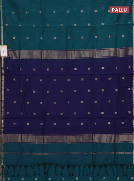 Semi maheswari cotton saree peacock green and navy blue with zari woven buttas and small zari woven border
