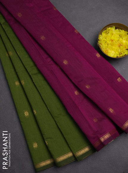 Semi maheswari cotton saree green and purple with zari woven buttas and small zari woven border