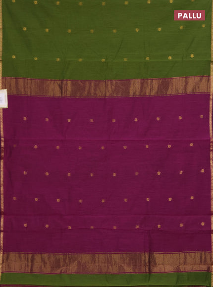 Semi maheswari cotton saree green and purple with zari woven buttas and small zari woven border
