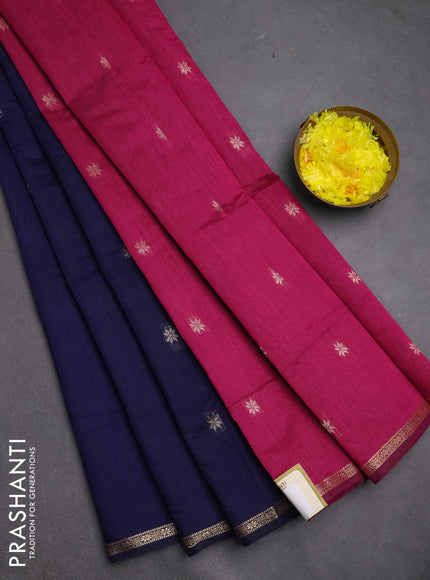 Semi maheswari cotton saree navy blue and magenta pink with zari woven buttas and small zari woven border