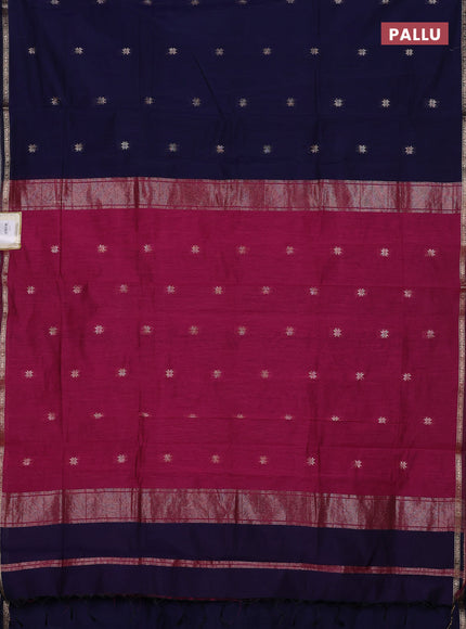 Semi maheswari cotton saree navy blue and magenta pink with zari woven buttas and small zari woven border