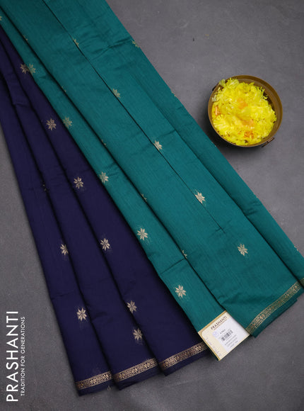Semi maheswari cotton saree navy blue and teal green with zari woven buttas and small zari woven border
