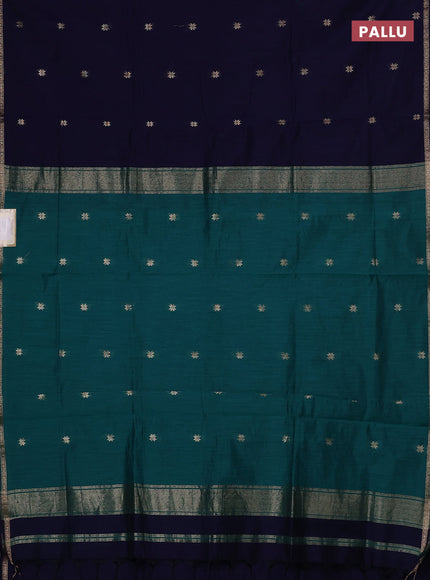Semi maheswari cotton saree navy blue and teal green with zari woven buttas and small zari woven border