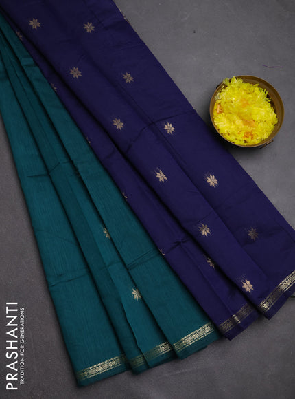 Semi maheswari cotton saree peacock green and navy blue with zari woven buttas and small zari woven border
