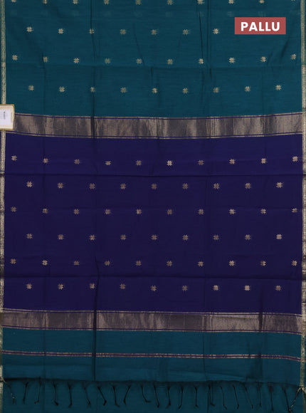 Semi maheswari cotton saree peacock green and navy blue with zari woven buttas and small zari woven border