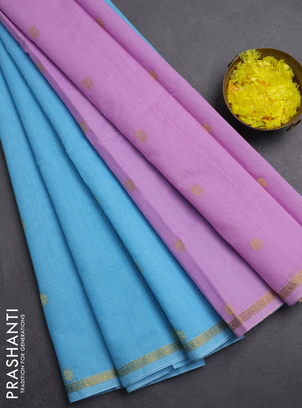 Semi maheswari cotton saree light blue and pastel pink with zari woven buttas and small zari woven border