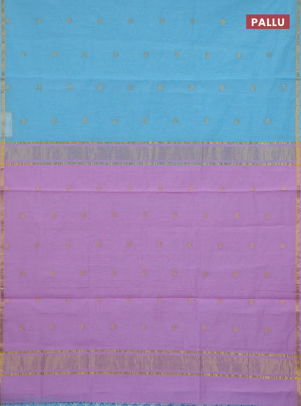 Semi maheswari cotton saree light blue and pastel pink with zari woven buttas and small zari woven border
