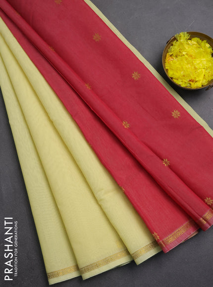Semi maheswari cotton saree pale yellow and maroon with zari woven buttas and small zari woven border