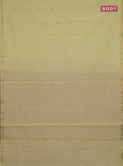 Semi maheswari cotton saree pale yellow and maroon with zari woven buttas and small zari woven border