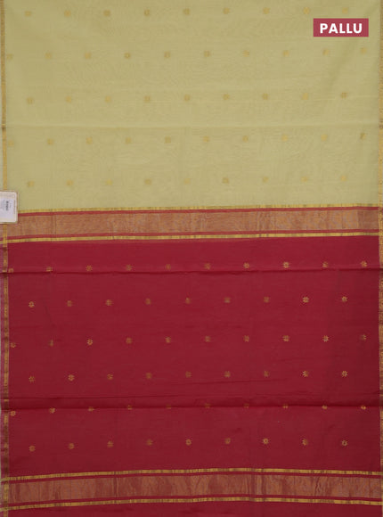 Semi maheswari cotton saree pale yellow and maroon with zari woven buttas and small zari woven border