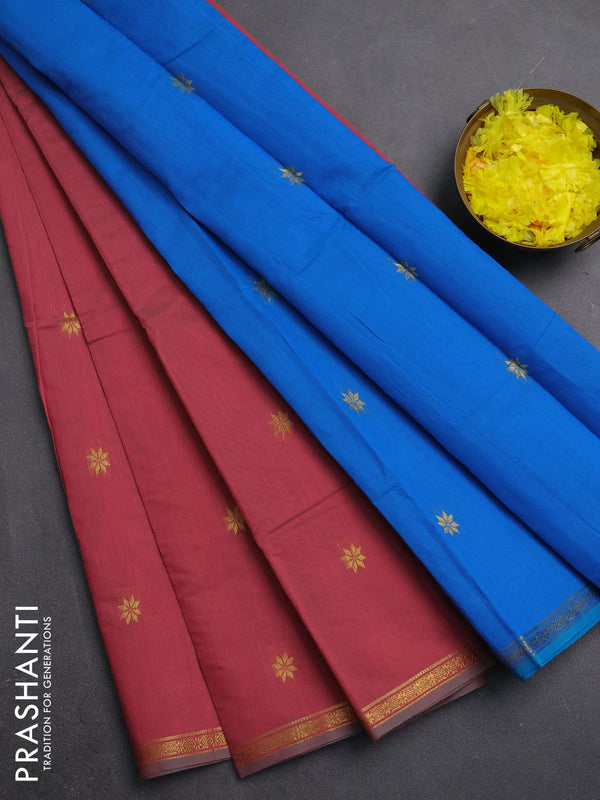 Semi maheswari cotton saree dual shade of maroon and cs blue with zari woven buttas and small zari woven border