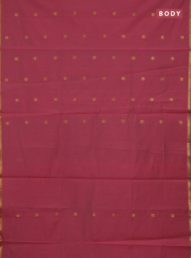 Semi maheswari cotton saree dual shade of maroon and cs blue with zari woven buttas and small zari woven border
