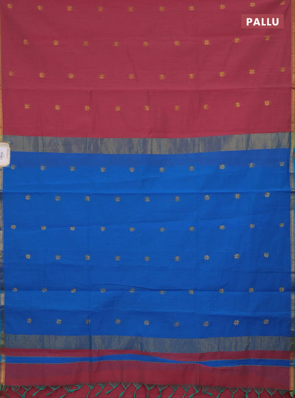 Semi maheswari cotton saree dual shade of maroon and cs blue with zari woven buttas and small zari woven border