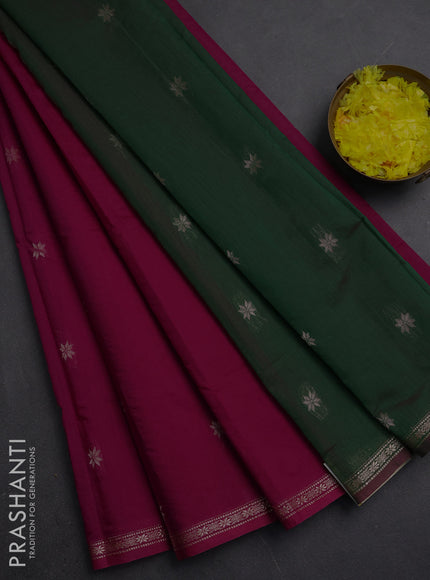 Semi maheswari cotton saree magenta pink and green with zari woven buttas and small zari woven border