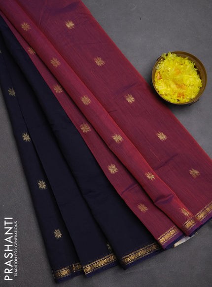 Semi maheswari cotton saree navy blue and pink shade with zari woven buttas and small zari woven border