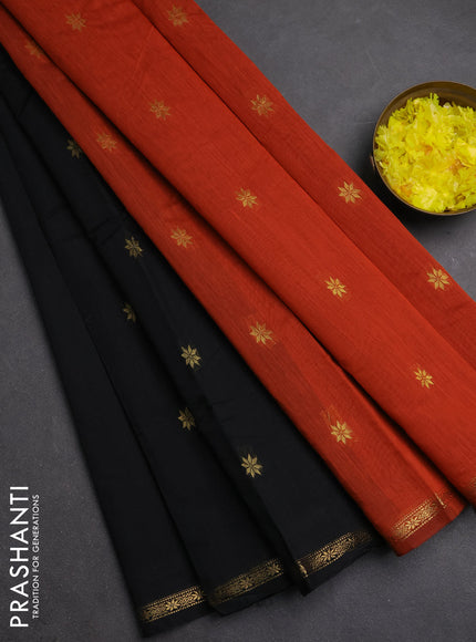 Semi maheswari cotton saree black and rustic orange with zari woven buttas and small zari woven border