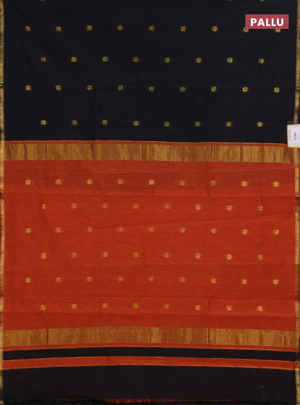 Semi maheswari cotton saree black and rustic orange with zari woven buttas and small zari woven border