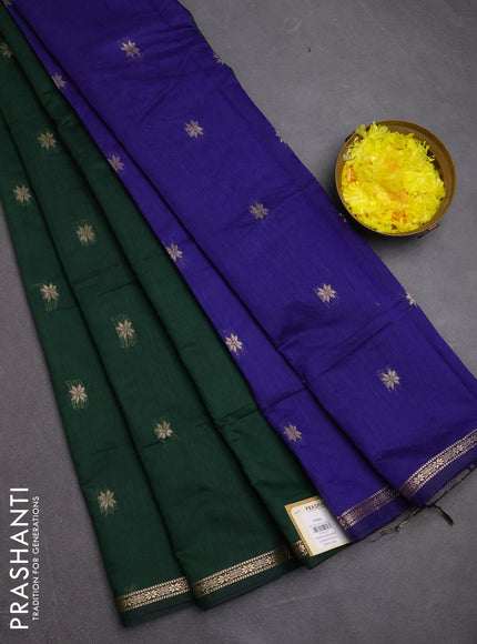 Semi maheswari cotton saree bottle green and navy blue with zari woven buttas and small zari woven border