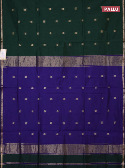 Semi maheswari cotton saree bottle green and navy blue with zari woven buttas and small zari woven border