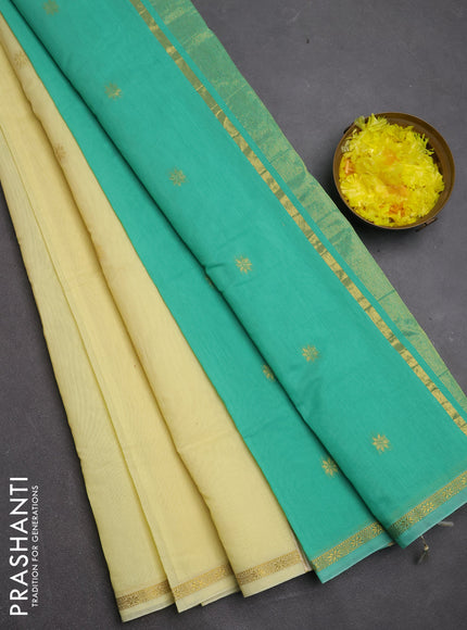 Semi maheswari cotton saree pale yellow and teal green with zari woven buttas and small zari woven border