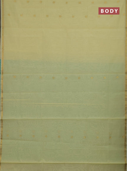 Semi maheswari cotton saree pale yellow and teal green with zari woven buttas and small zari woven border