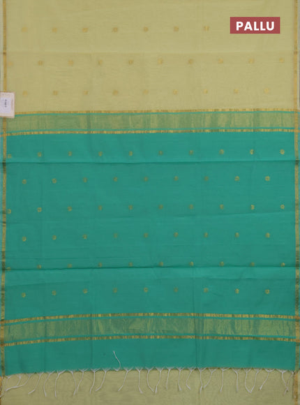 Semi maheswari cotton saree pale yellow and teal green with zari woven buttas and small zari woven border