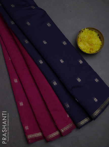 Semi maheswari cotton saree magenta pink and navy blue with zari woven buttas and small zari woven border