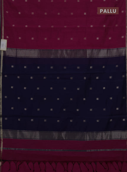 Semi maheswari cotton saree magenta pink and navy blue with zari woven buttas and small zari woven border