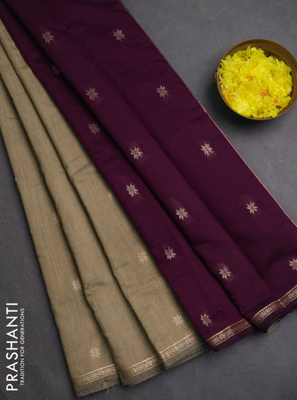 Semi maheswari cotton saree beige and deep purple with zari woven buttas and small zari woven border