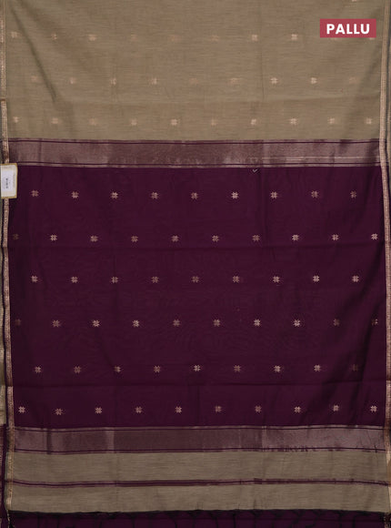 Semi maheswari cotton saree beige and deep purple with zari woven buttas and small zari woven border
