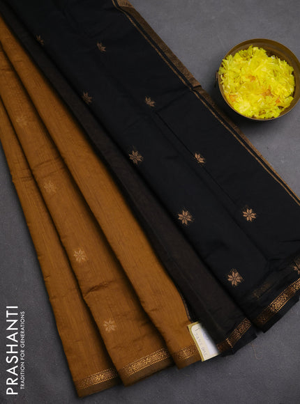 Semi maheswari cotton saree dark mustard yellow and black with zari woven buttas and small zari woven border