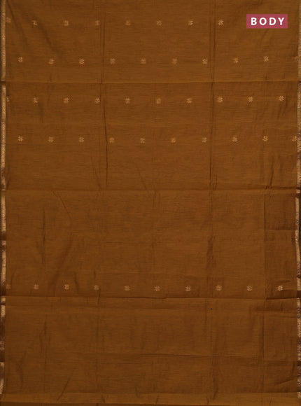 Semi maheswari cotton saree dark mustard yellow and black with zari woven buttas and small zari woven border