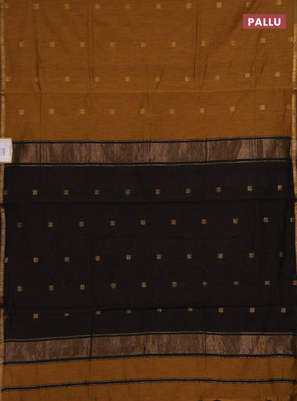 Semi maheswari cotton saree dark mustard yellow and black with zari woven buttas and small zari woven border