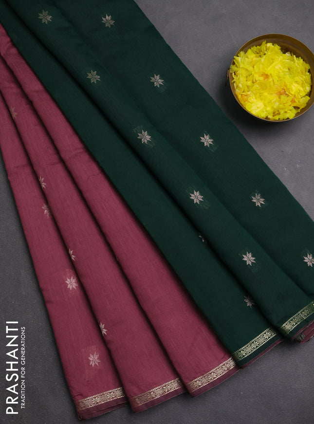 Semi maheswari cotton saree onion pink and green with zari woven buttas and small zari woven border