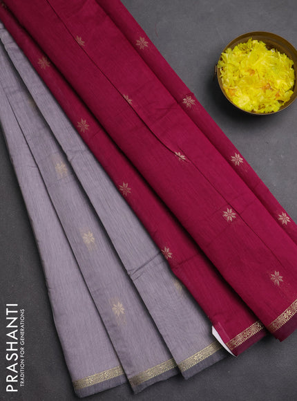 Semi maheswari cotton saree grey and magenta pink with zari woven buttas and small zari woven border