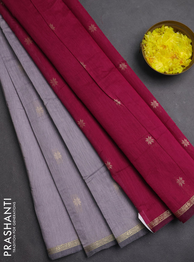 Semi maheswari cotton saree grey and magenta pink with zari woven buttas and small zari woven border