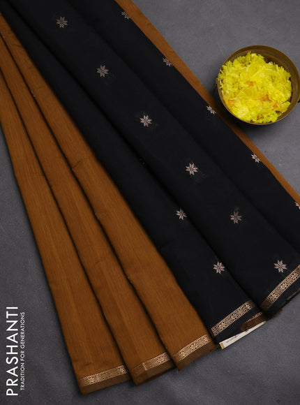 Semi maheswari cotton saree dark mustard yellow and black with zari woven buttas and small zari woven border