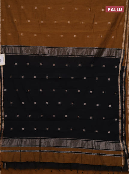 Semi maheswari cotton saree dark mustard yellow and black with zari woven buttas and small zari woven border