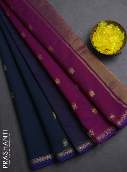 Semi maheswari cotton saree peacock green and magenta pink with zari woven buttas and small zari woven border