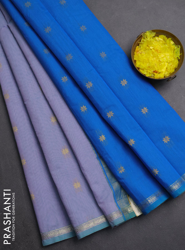 Semi maheswari cotton saree pastel blue and cs blue with zari woven buttas and small zari woven border